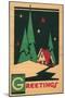 Christmas Greetings, Cabin, Pines, Stars-null-Mounted Art Print