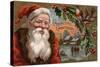 Christmas Greetings from Colorado - Santa with Holly, Village Scene-Lantern Press-Stretched Canvas