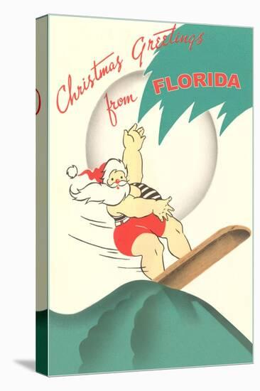 Christmas Greetings from Florida, Surfing Santa-null-Stretched Canvas