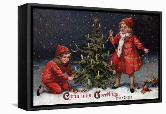 Christmas Greetings from Forest Grove, Oregon - Kids Decorating a Tree-Lantern Press-Framed Stretched Canvas