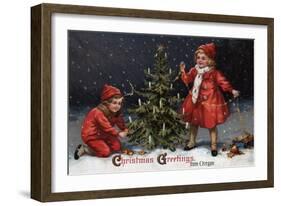 Christmas Greetings from Forest Grove, Oregon - Kids Decorating a Tree-Lantern Press-Framed Art Print