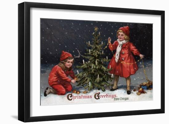 Christmas Greetings from Forest Grove, Oregon - Kids Decorating a Tree-Lantern Press-Framed Art Print