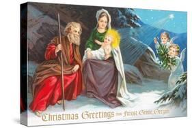 Christmas Greetings from Forest Grove, Oregon - Nativity Scene in Snow with Angels-Lantern Press-Stretched Canvas