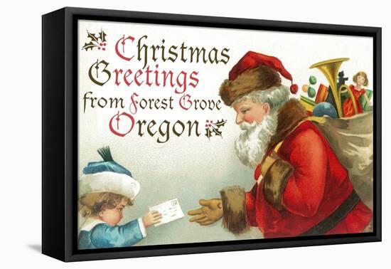 Christmas Greetings from Forest Grove, Oregon - Santa Getting Letter-Lantern Press-Framed Stretched Canvas
