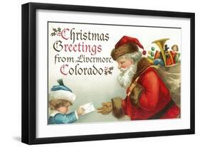 Christmas Greetings from Livermore, Colorado - Santa Getting Letter-Lantern Press-Framed Art Print