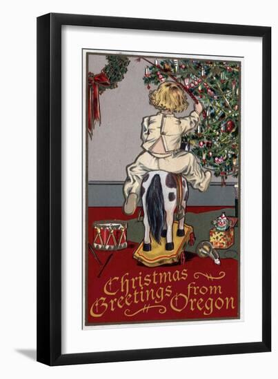 Christmas Greetings from Oregon - Girl on Horse-Lantern Press-Framed Art Print