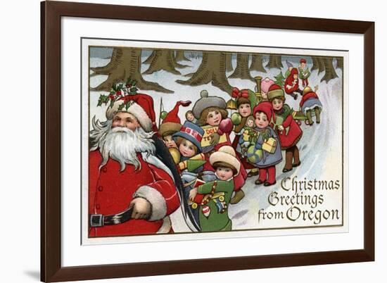 Christmas Greetings from Oregon - Santa & Sleigh-Lantern Press-Framed Art Print