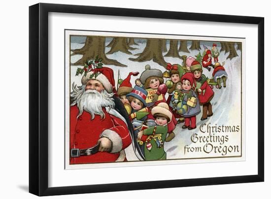 Christmas Greetings from Oregon - Santa & Sleigh-Lantern Press-Framed Art Print