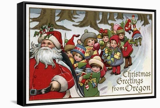 Christmas Greetings from Oregon - Santa & Sleigh-Lantern Press-Framed Stretched Canvas