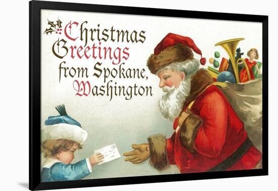 Christmas Greetings from Spokane, Washington - Santa Getting Letter-Lantern Press-Framed Art Print