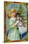 Christmas Greetings Postcard with a Girl and Doll-null-Stretched Canvas