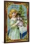 Christmas Greetings Postcard with a Girl and Doll-null-Framed Giclee Print
