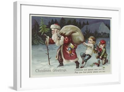 'Christmas Greetings Postcard with Santa Claus and Two Children' Giclee ...