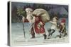 Christmas Greetings Postcard with Santa Claus and Two Children-null-Stretched Canvas