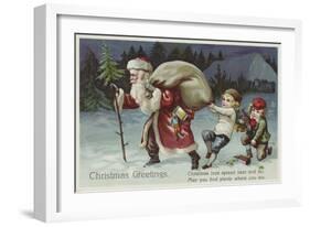 Christmas Greetings Postcard with Santa Claus and Two Children-null-Framed Giclee Print