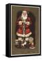 Christmas Greetings - Santa Stuffing Stocking with Nutcracker-Lantern Press-Framed Stretched Canvas