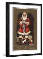Christmas Greetings - Santa Stuffing Stocking with Nutcracker-Lantern Press-Framed Art Print