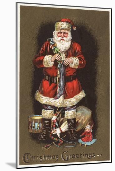 Christmas Greetings - Santa Stuffing Stocking with Nutcracker-Lantern Press-Mounted Art Print