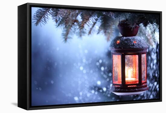 Christmas Lantern With Snowfall,Closeup-Liang Zhang-Framed Stretched Canvas