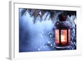 Christmas Lantern With Snowfall,Closeup-Liang Zhang-Framed Art Print