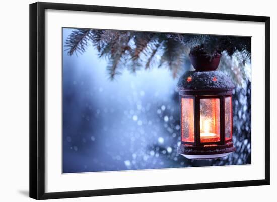 Christmas Lantern With Snowfall,Closeup-Liang Zhang-Framed Art Print