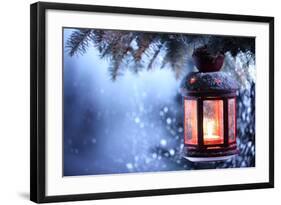 Christmas Lantern With Snowfall,Closeup-Liang Zhang-Framed Art Print