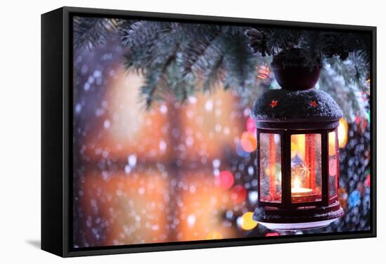 Christmas Lantern With Snowfall,Closeup-Sofiaworld-Framed Stretched Canvas