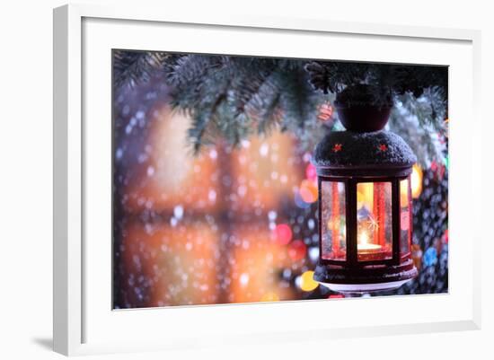 Christmas Lantern With Snowfall,Closeup-Sofiaworld-Framed Art Print