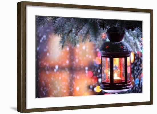 Christmas Lantern With Snowfall,Closeup-Sofiaworld-Framed Art Print