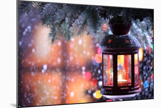 Christmas Lantern With Snowfall,Closeup-Sofiaworld-Mounted Art Print