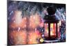 Christmas Lantern With Snowfall,Closeup-Sofiaworld-Mounted Art Print