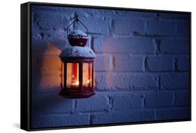 Christmas Lantern with Snowfall,Closeup.-Liang Zhang-Framed Stretched Canvas