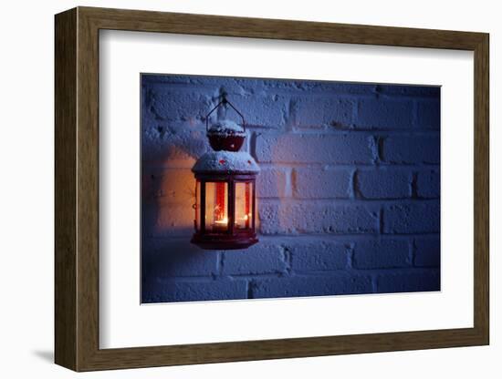 Christmas Lantern with Snowfall,Closeup.-Liang Zhang-Framed Photographic Print