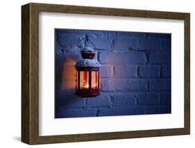 Christmas Lantern with Snowfall,Closeup.-Liang Zhang-Framed Photographic Print