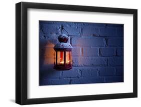 Christmas Lantern with Snowfall,Closeup.-Liang Zhang-Framed Photographic Print