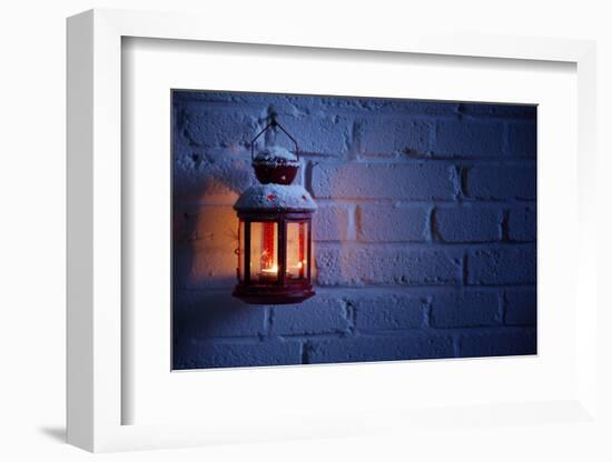 Christmas Lantern with Snowfall,Closeup.-Liang Zhang-Framed Photographic Print