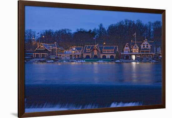 Christmas lights at dusk at the famous fraternity Boat House Row on Schuylkill River in Philadel...-null-Framed Photographic Print