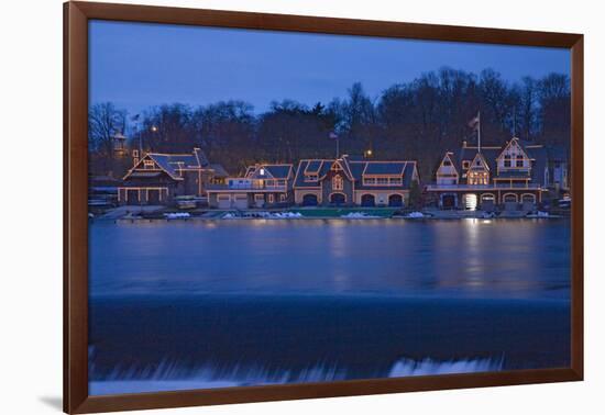 Christmas lights at dusk at the famous fraternity Boat House Row on Schuylkill River in Philadel...-null-Framed Photographic Print