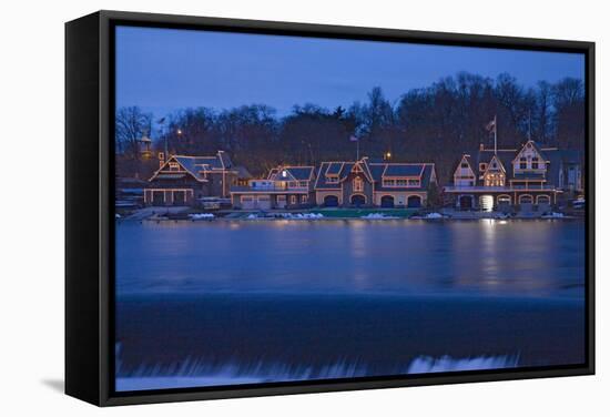 Christmas lights at dusk at the famous fraternity Boat House Row on Schuylkill River in Philadel...-null-Framed Stretched Canvas