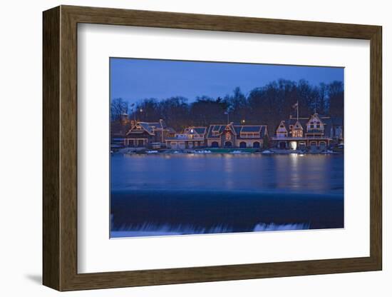 Christmas lights at dusk at the famous fraternity Boat House Row on Schuylkill River in Philadel...-null-Framed Photographic Print