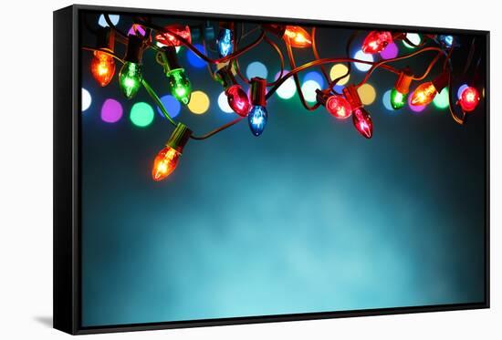 Christmas Lights over Dark Blue Background-Sofiaworld-Framed Stretched Canvas