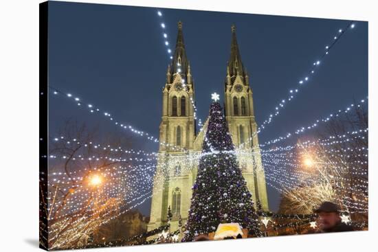 Christmas Market and Neo-Gothic Church of St. Ludmila, Mir Square, Prague, Czech Republic, Europe-Richard Nebesky-Stretched Canvas