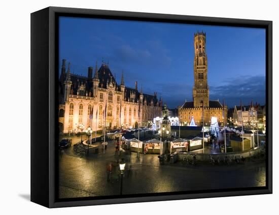 Christmas Market in Market Square with Belfry Behind, Bruges, West Vlaanderen (Flanders), Belgium-Stuart Black-Framed Stretched Canvas