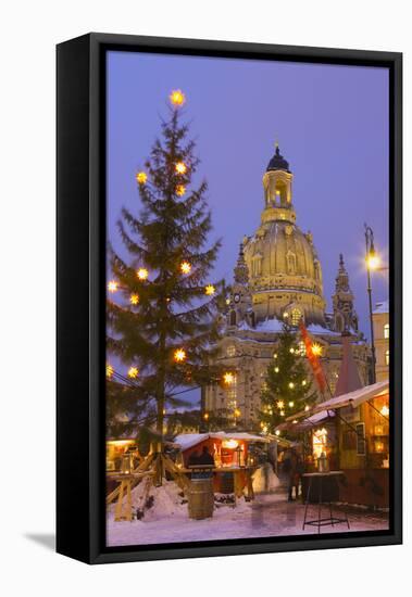 Christmas Market in the Neumarkt with the Frauenkirche (Church) in the Background-Miles Ertman-Framed Stretched Canvas