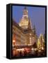 Christmas Market Stalls in Front of Frauen Church and Christmas Tree at Twilight, Dresden-Richard Nebesky-Framed Stretched Canvas