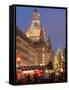 Christmas Market Stalls in Front of Frauen Church and Christmas Tree at Twilight, Dresden-Richard Nebesky-Framed Stretched Canvas