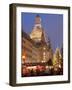 Christmas Market Stalls in Front of Frauen Church and Christmas Tree at Twilight, Dresden-Richard Nebesky-Framed Photographic Print