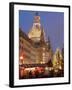 Christmas Market Stalls in Front of Frauen Church and Christmas Tree at Twilight, Dresden-Richard Nebesky-Framed Photographic Print