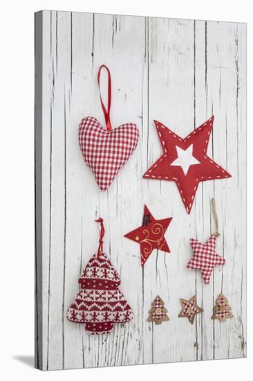 Christmas Ornaments on White Wood-Andrea Haase-Stretched Canvas