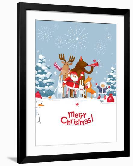 Christmas Party Fireworks in the Winter Forest. Party with the Participation of Santa Claus and Fun-LisaShu-Framed Art Print